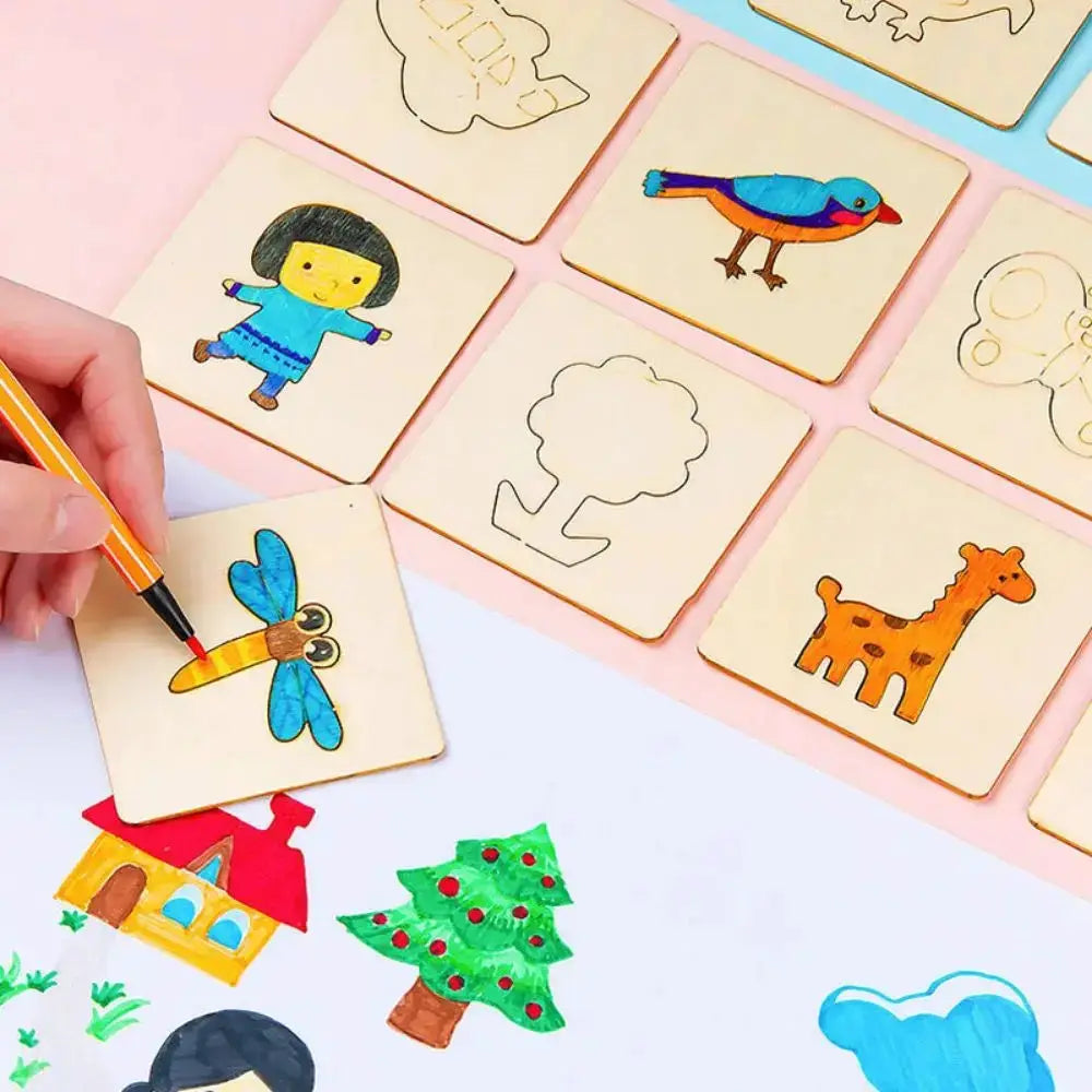 20 Pieces Montessori Wooden DIY Painting Stencils Set For Kids Educational Craft Toys And Puzzles Gift