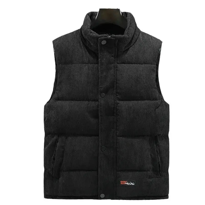 Padded black corduroy vest with zip front, thick quilted padding, sleeveless waistcoat by Simples Market