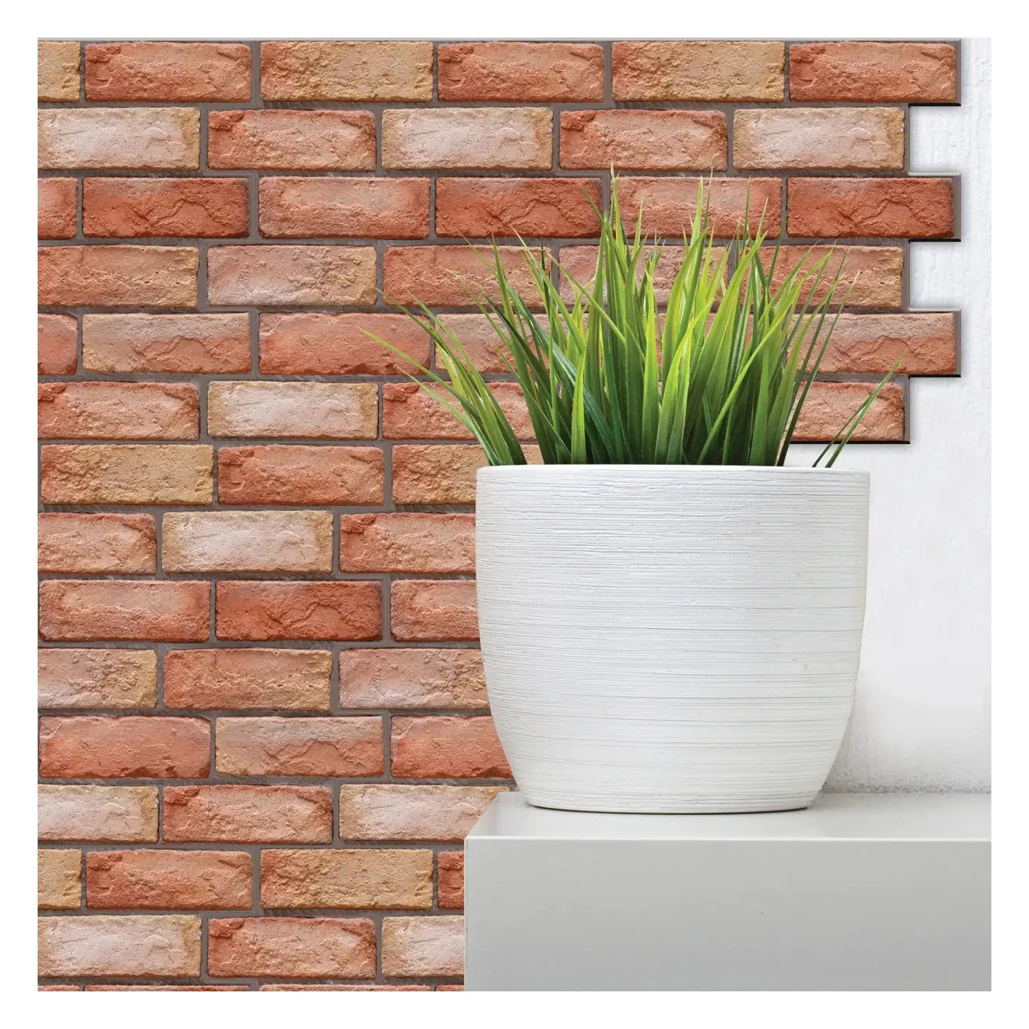 Simples Market 5/10pcs self-adhesive waterproof 3D brick wall wallpaper; orange bricks with a green plant in a white pot