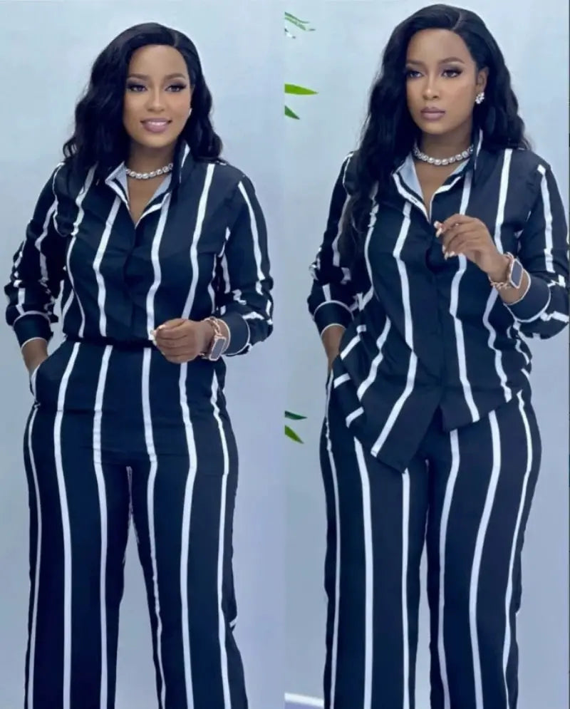 African Stripe Two Piece Set Women Spring Button Top Wide Leg Pants
