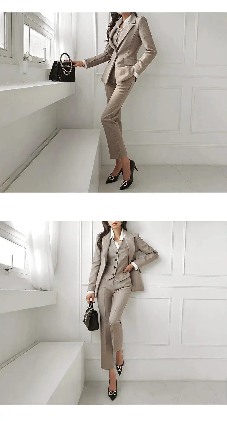 Beige 3-piece women's suit set with blazer, vest and tailored pants, white shirt included
