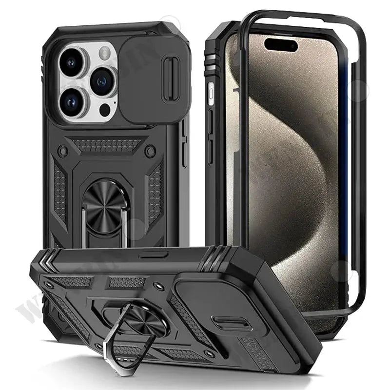 Simples Market iPhone case with 360-degree kickstand; heavy-duty, black rugged protective cover