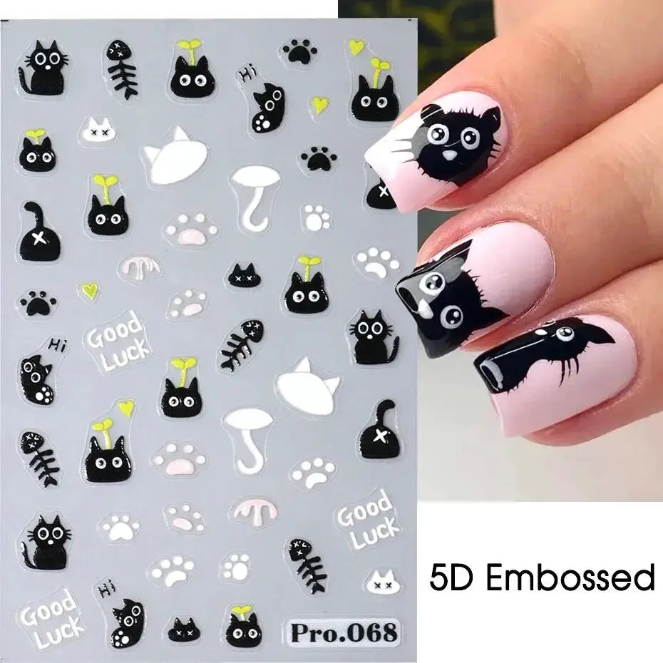 2-piece black cat nail stickers set by Simples Market; 5D embossed, self-adhesive cartoon decals for manicure.