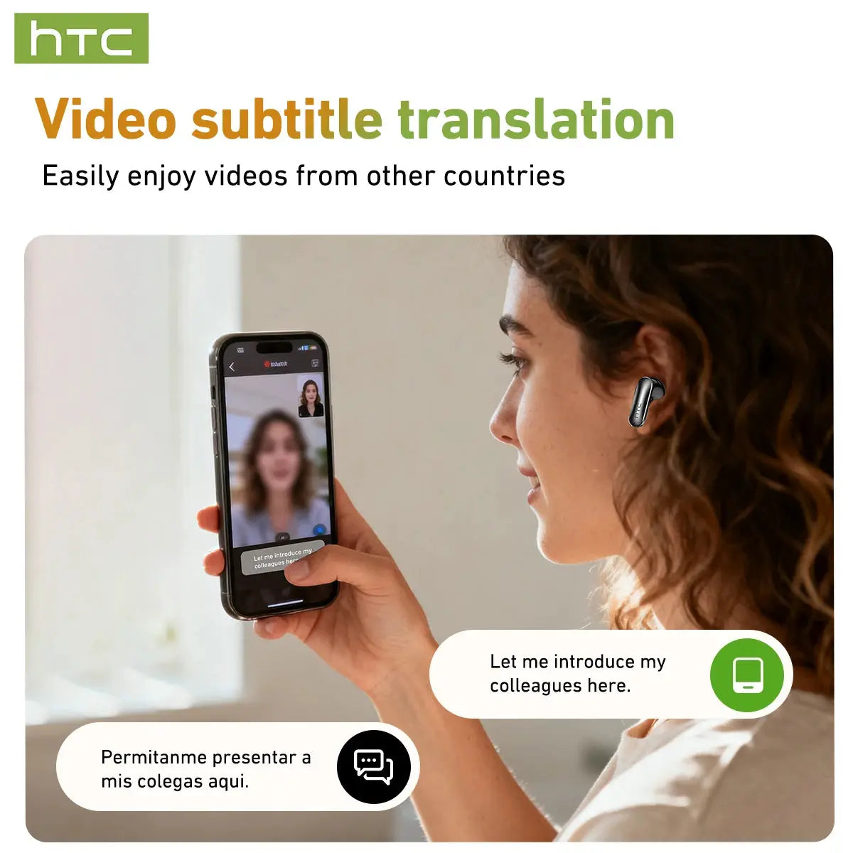 HTC NE48 TWS wireless earbuds in black worn by a person during a video call on a smartphone