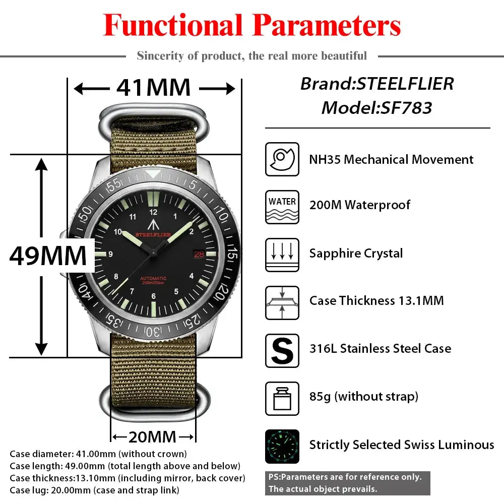 STEELFLIER SF783 NH35 automatic dive watch with ceramic bezel on olive fabric strap, 200m water resistance.