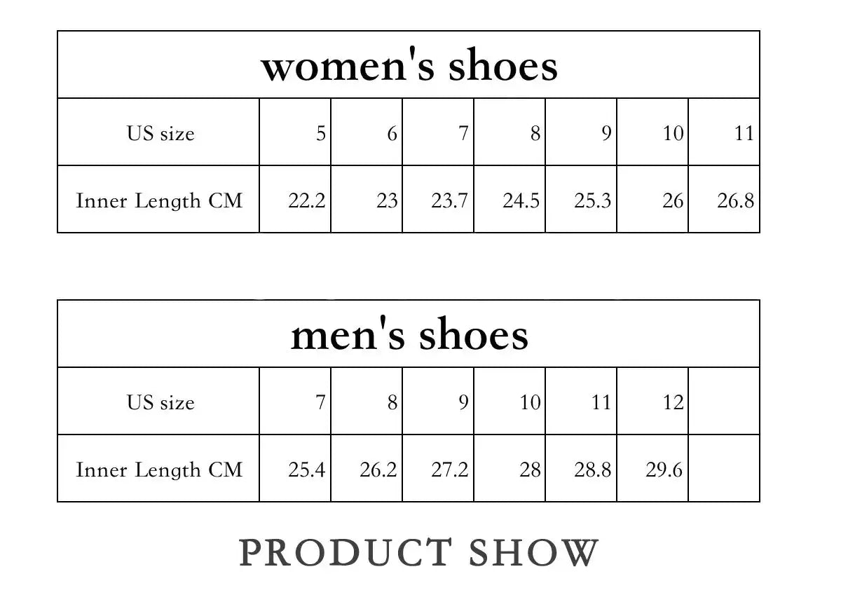Men's shoes size chart showing inner length in cm for US sizes 7–12.