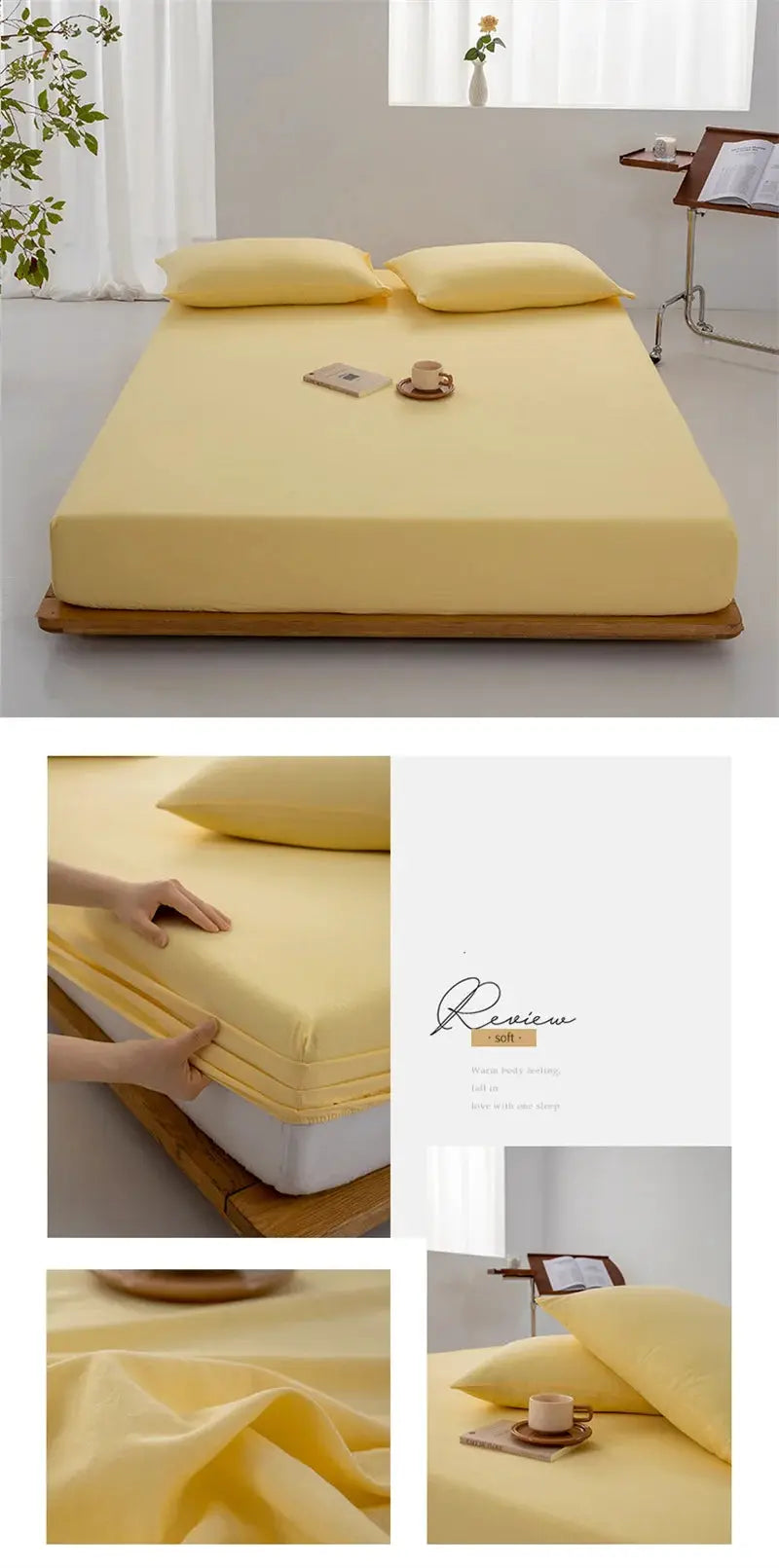Soft cotton fitted sheet in pale yellow with elastic band on a bed, two matching yellow pillows visible