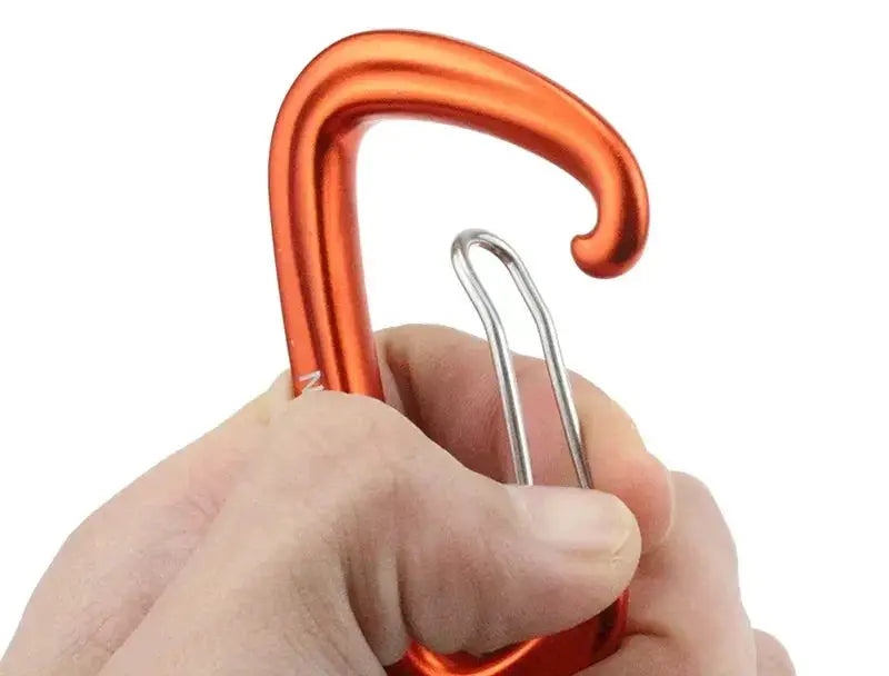 Climbing carabiner, orange D-shaped with silver gate for outdoor camping and hiking