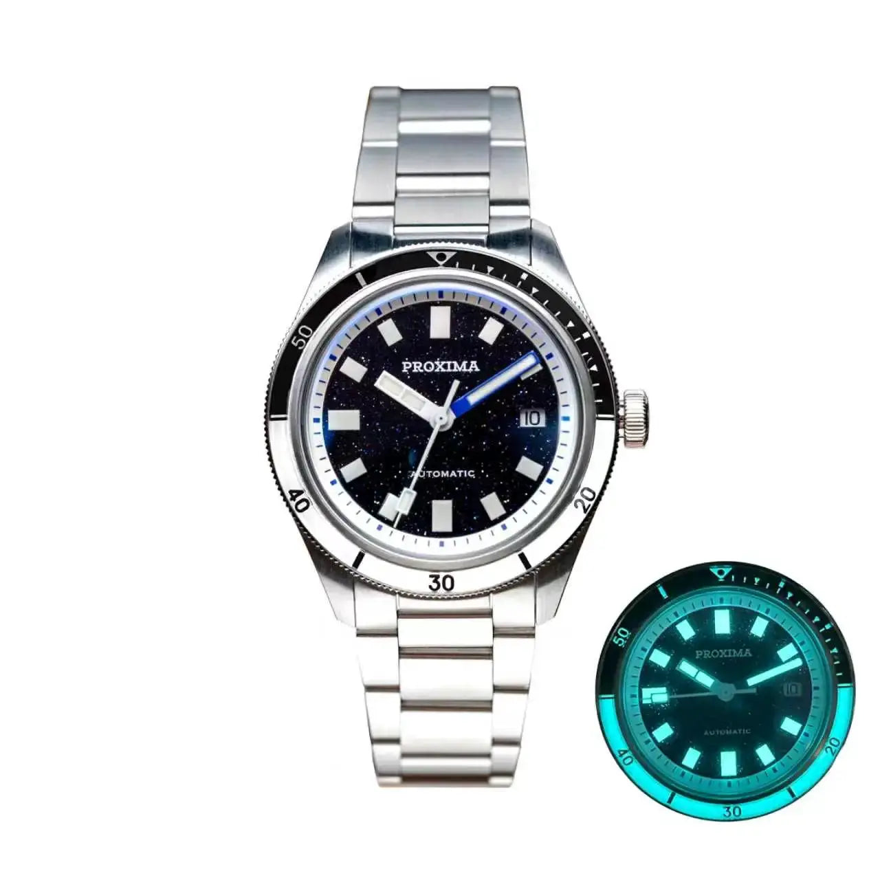 Proxima PX1721 men's automatic watch with aventurine dial and stainless steel bracelet; 2 watches shown.