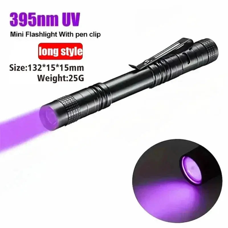 395nm UV flashlight with clip by Simples Market, black, AAA battery powered