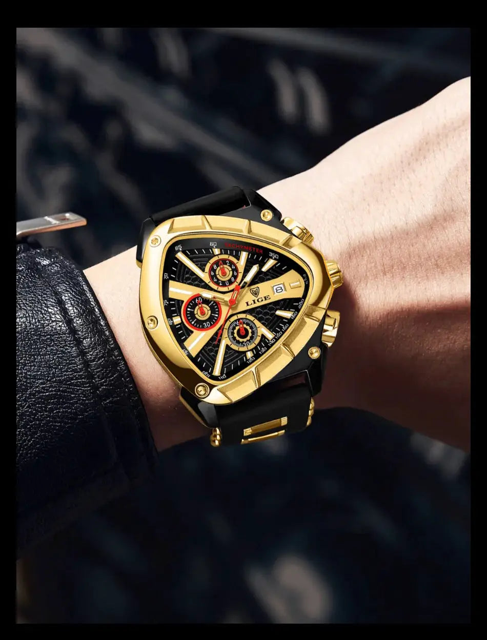 LIGE Original Luxury Men Watch with gold-tone case, black strap, chronograph dial