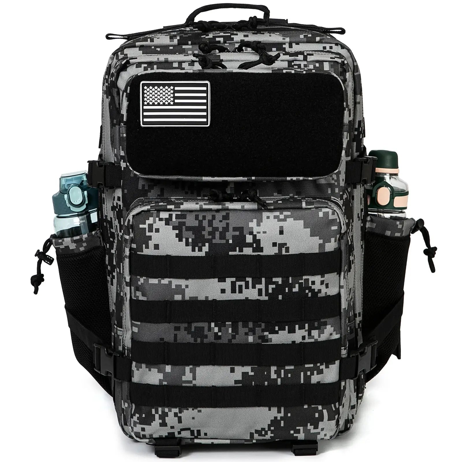 Tactical MOLLE survival backpack in digital camouflage with front pocket and water bottle holders.