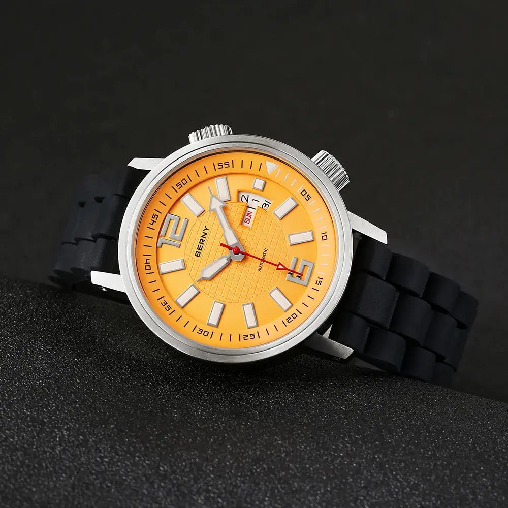 BERNY men's 20ATM diver automatic watch with orange dial, sapphire crystal, luminous markers, and black rubber strap