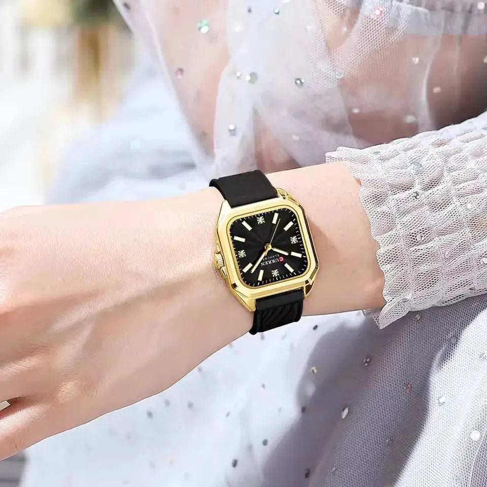 Curren 9113 ladies' quartz watch with gold-tone square case, black dial and black strap