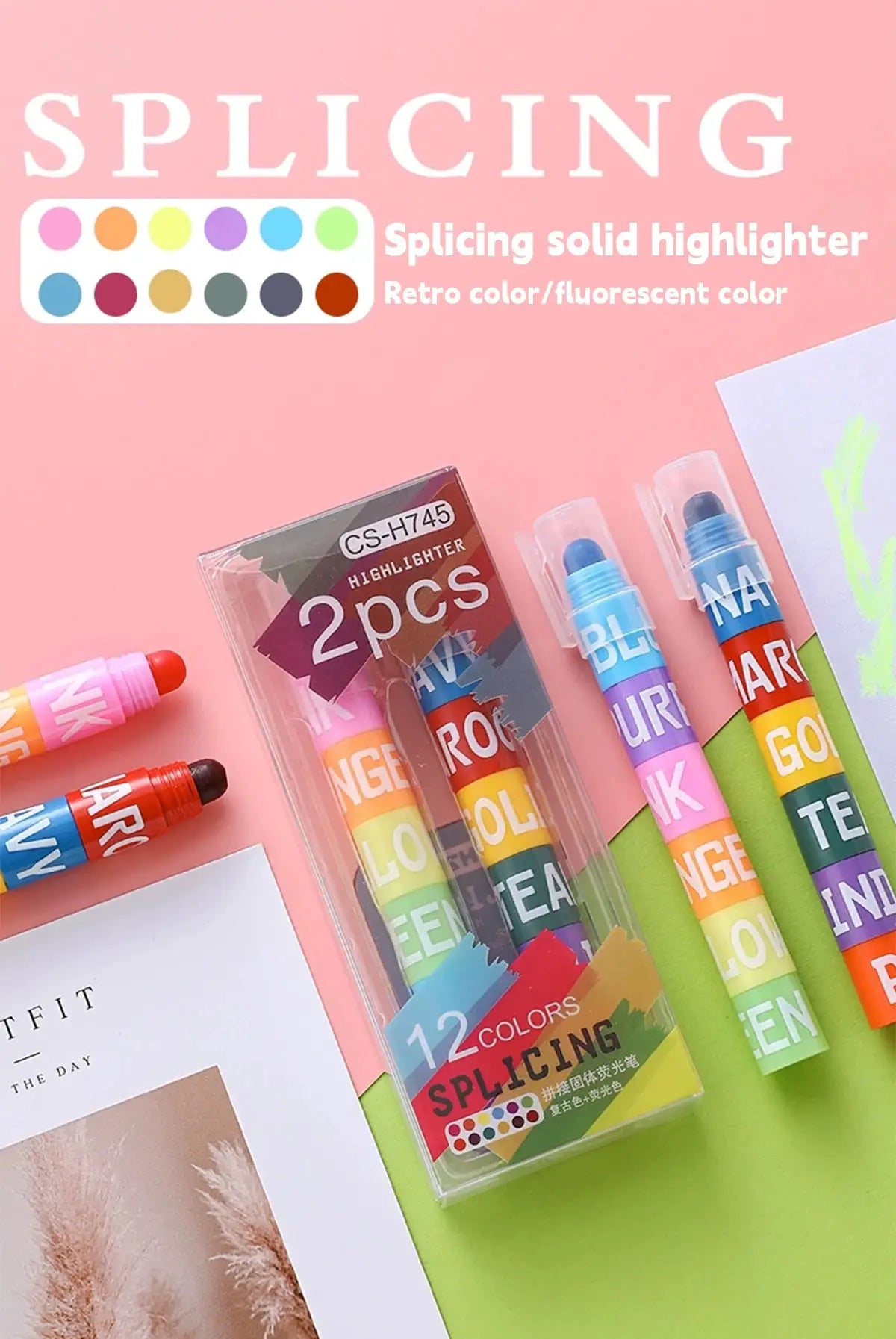 12-color splicing highlighter set with rainbow pastel markers in a clear case on pink background