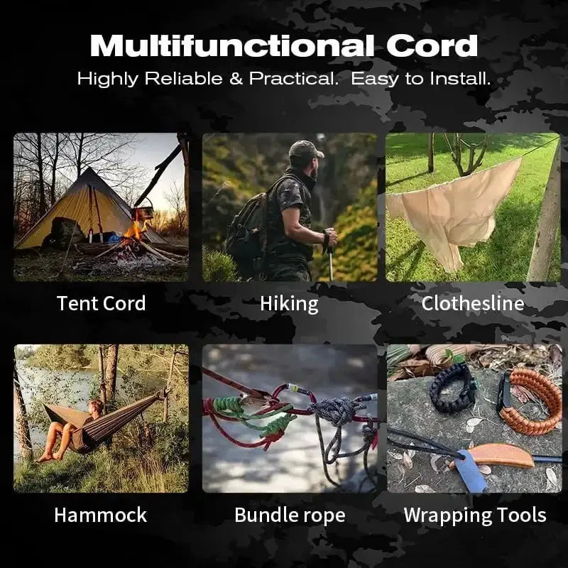 Simples Market Military 550 Paracord Rope, 6-item collage: tent cord, hiking, clothesline, hammock, bundle rope.