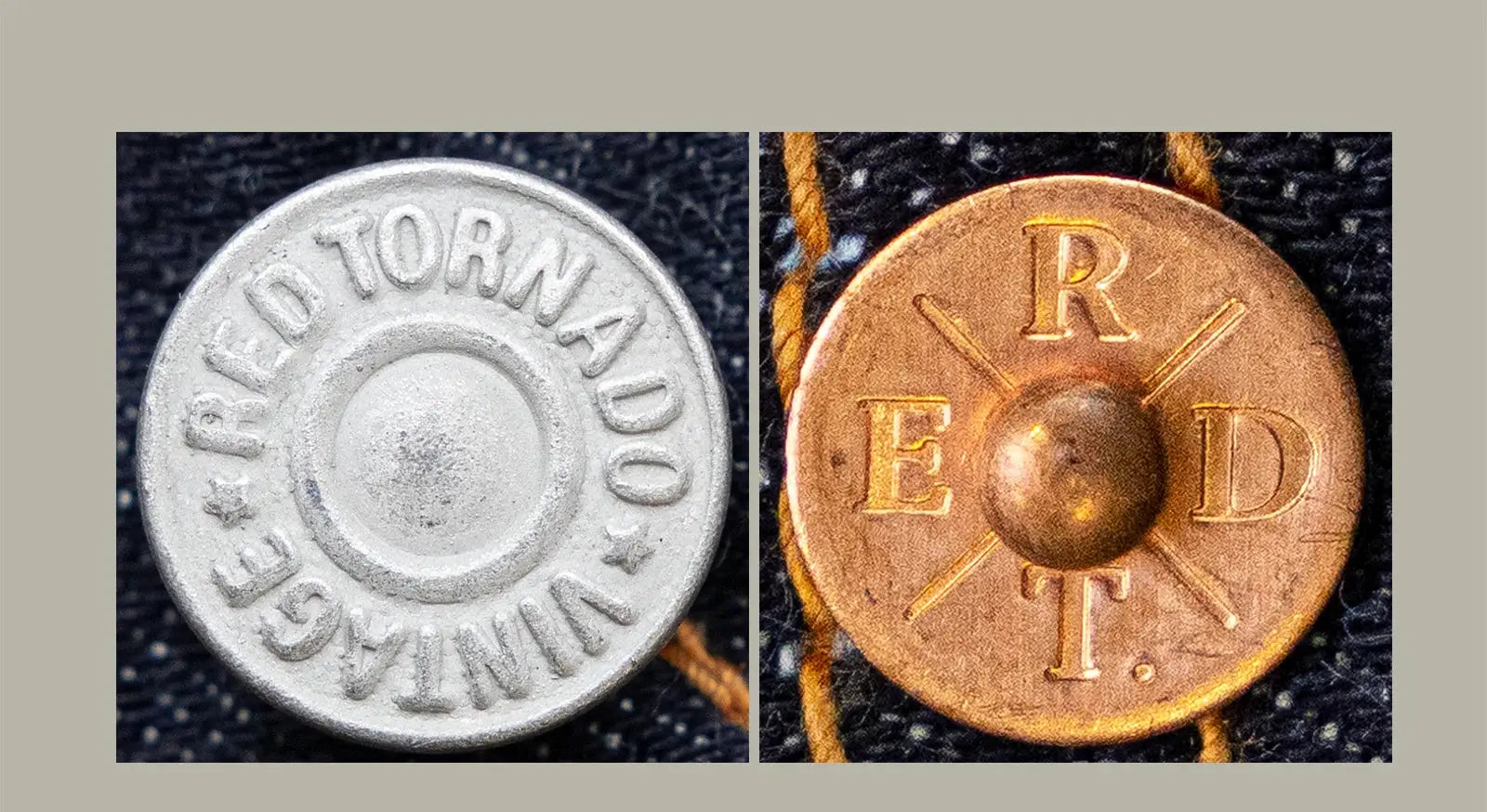 Red Tornado American jeans two metal buttons close-up; silver and copper hardware on denim