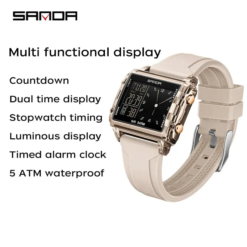 SANDA 6273 square dual-time wristwatch with beige strap and gold-tone case