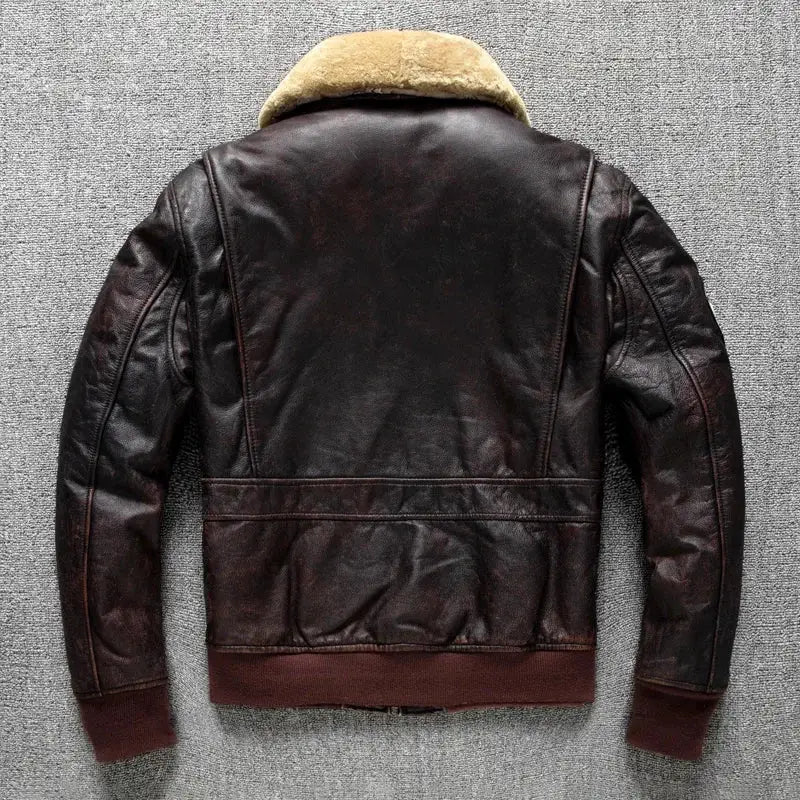 Air Force Flight Jacket fur-collar brown cowhide leather, back view; vintage-style men's bomber, 6XL