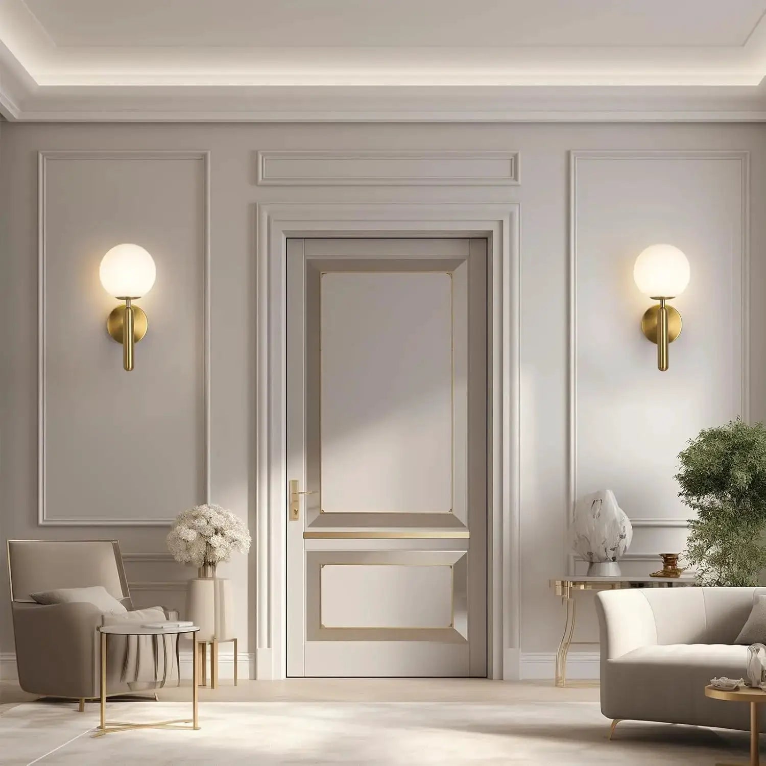 Pair of modern indoor wall sconces with frosted glass globes and brass gold finish