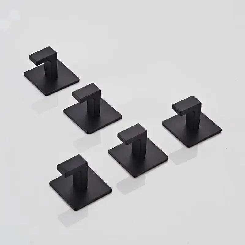5-piece black adhesive wall robe hooks with square bases for bathroom and kitchen