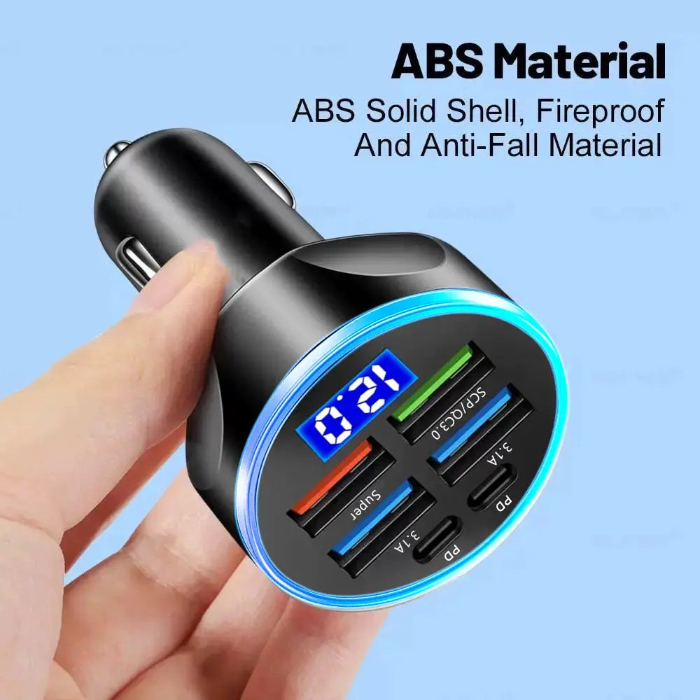66-250W PD Car Charger QC3.0 Fast Charge One To Six Car Cigarette Lighter Plugs With Digital Display