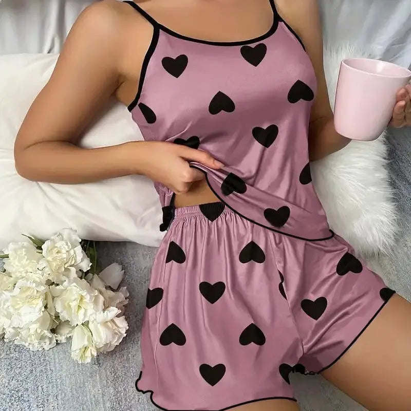 DreamWeave Ice Silk T Shirt And Shorts Pajama Set For Women Pink Heart Print Cozy Summer Comfort