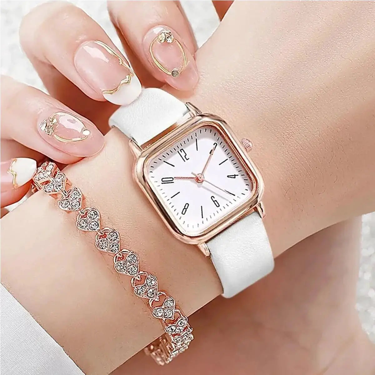 2-piece watch and rhinestone bracelet set; rose-gold square-face watch with white leather strap