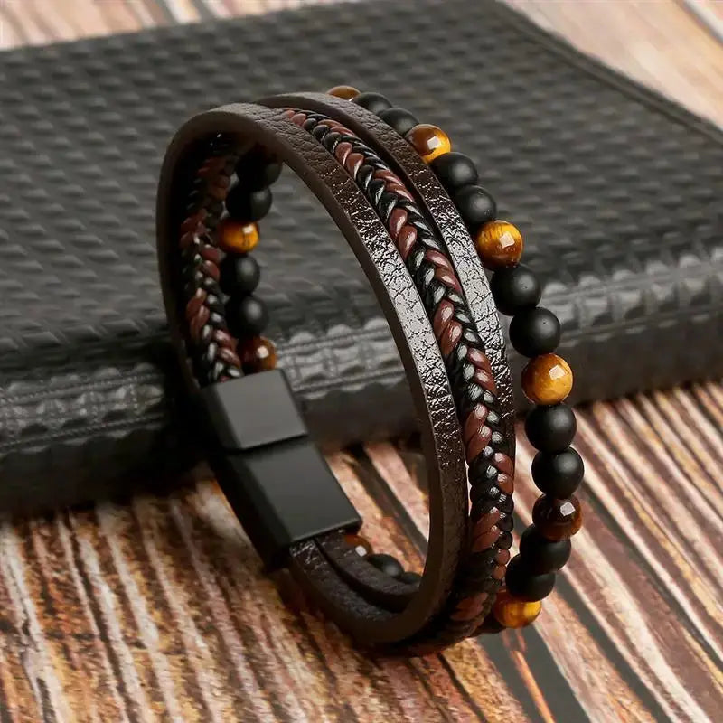 Classic Mens Leather Bracelet Hand Woven Multi Layer Style Fashion Jewelry For Men Durable Casual Accessory