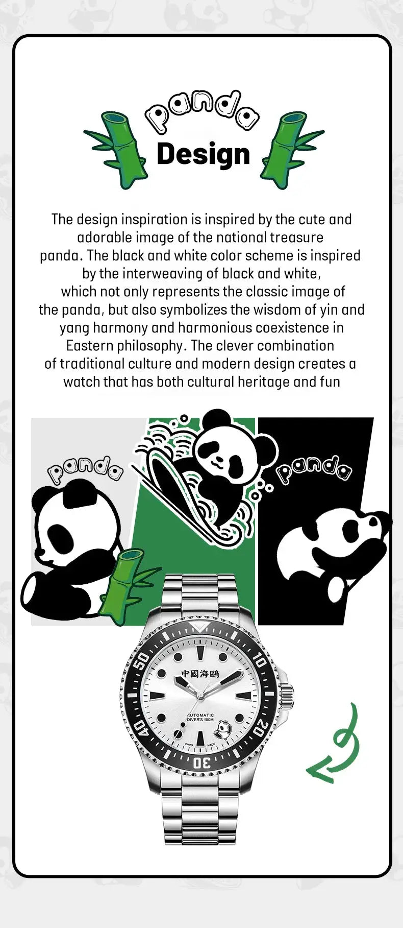 Seagull panda diving watch with stainless steel bracelet and white dial