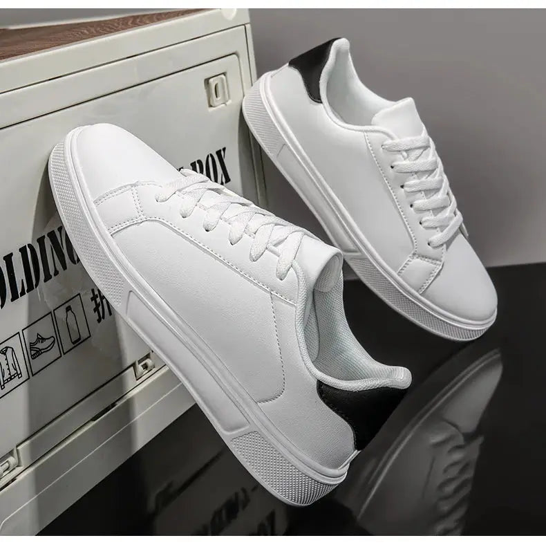 Men's white PU leather sneakers with black heel patch, casual everyday footwear