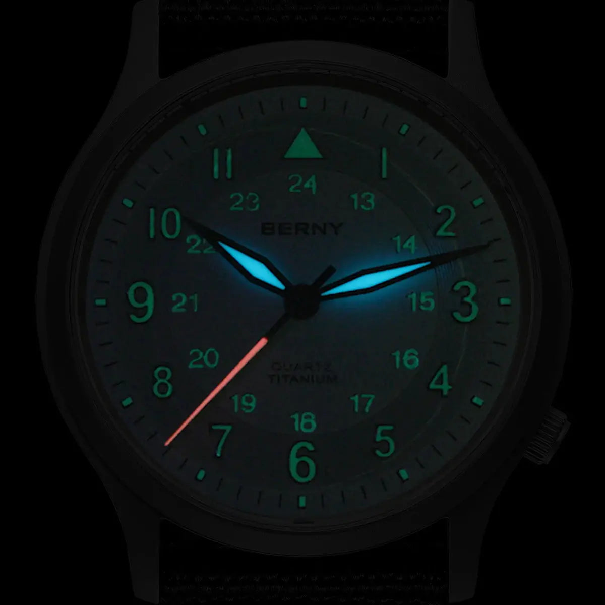 BERNY titanium field watch for men with black case, luminous blue hands and glowing green numerals