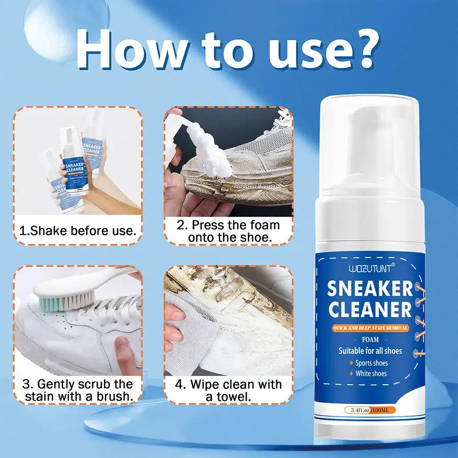 Simples Market Sneaker Cleaner foam bottle with four-step usage guide for white shoes
