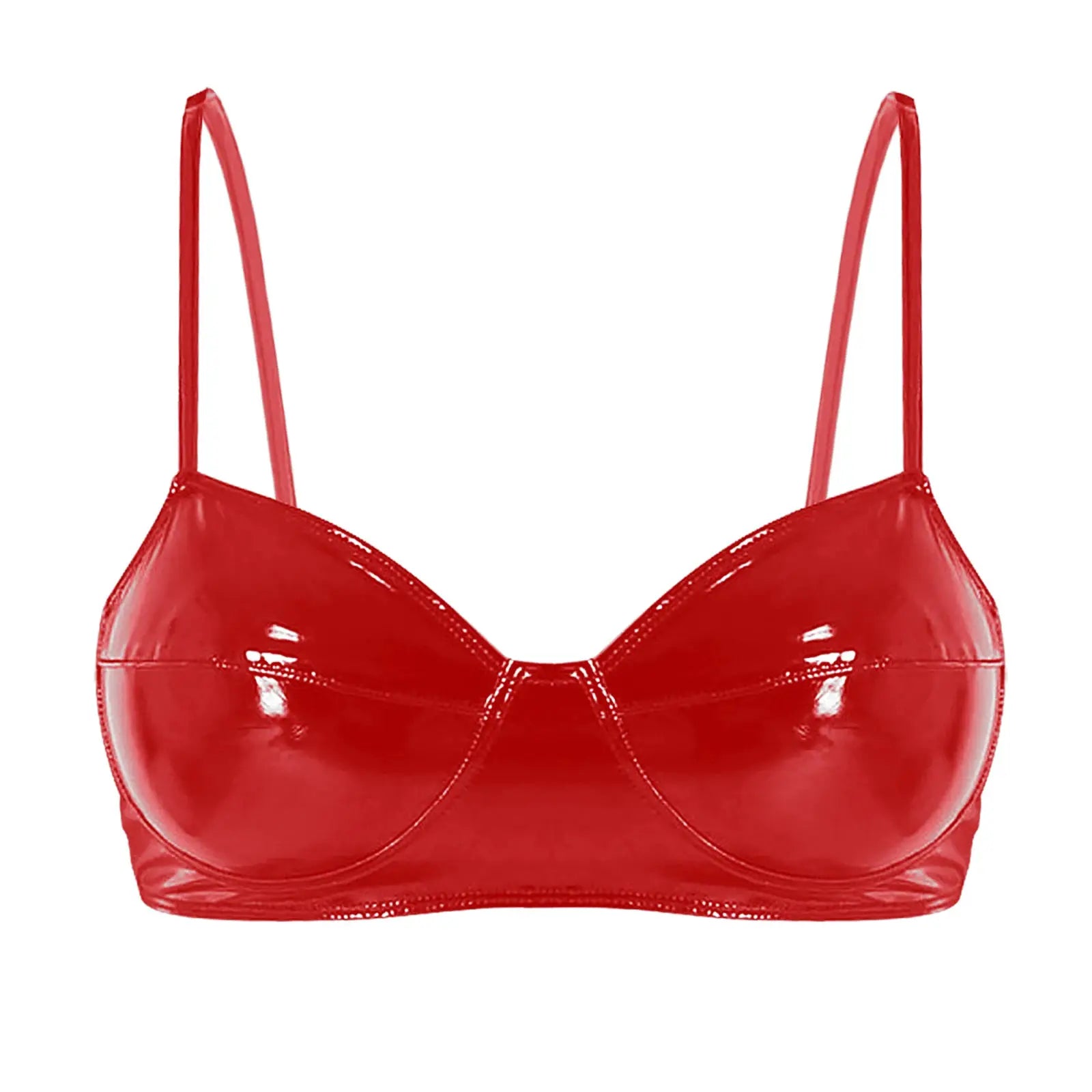 Red wet-look patent leather bra top with glossy finish and thin straps