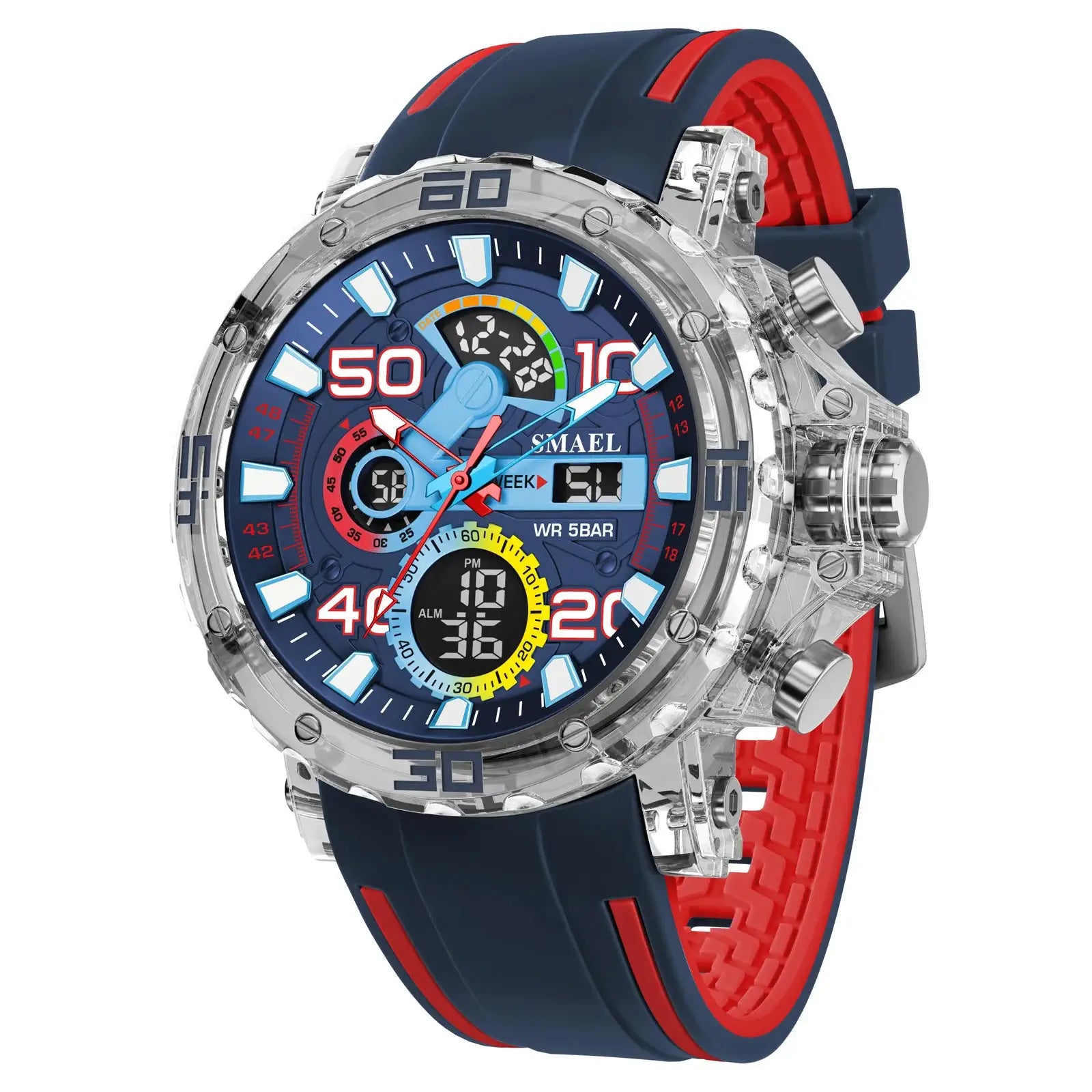 Military-style men's SMAEL watch with blue dial and blue-red strap; analog-digital display