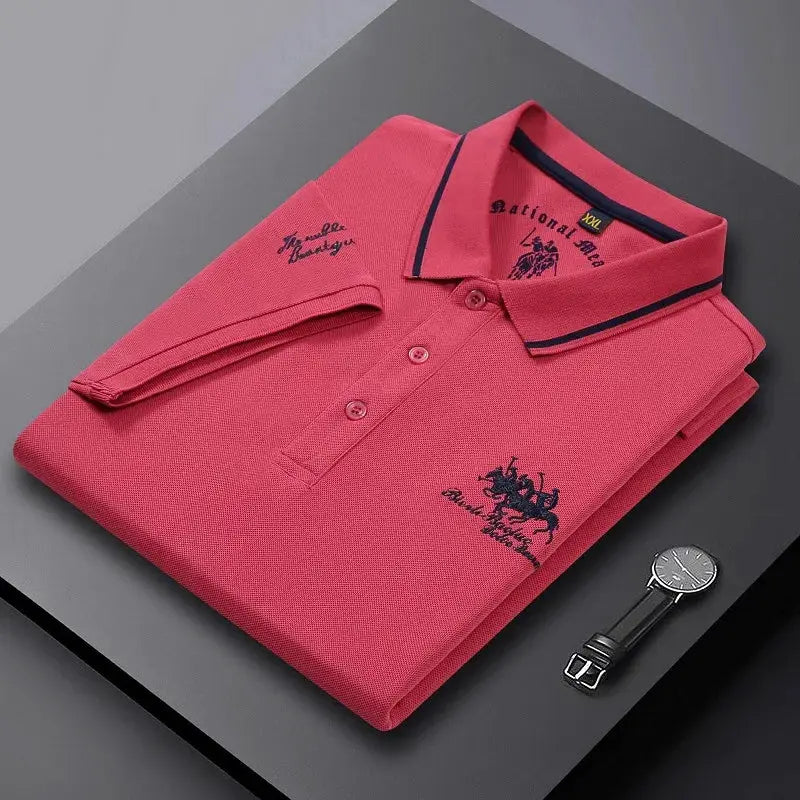 Pink men's embroidered polo shirt, short sleeves, lightweight breathable fabric, Simples Market.
