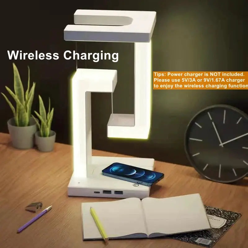 Floating lamp with 10 W detachable wireless charger, white LED decorative light for bedroom/office