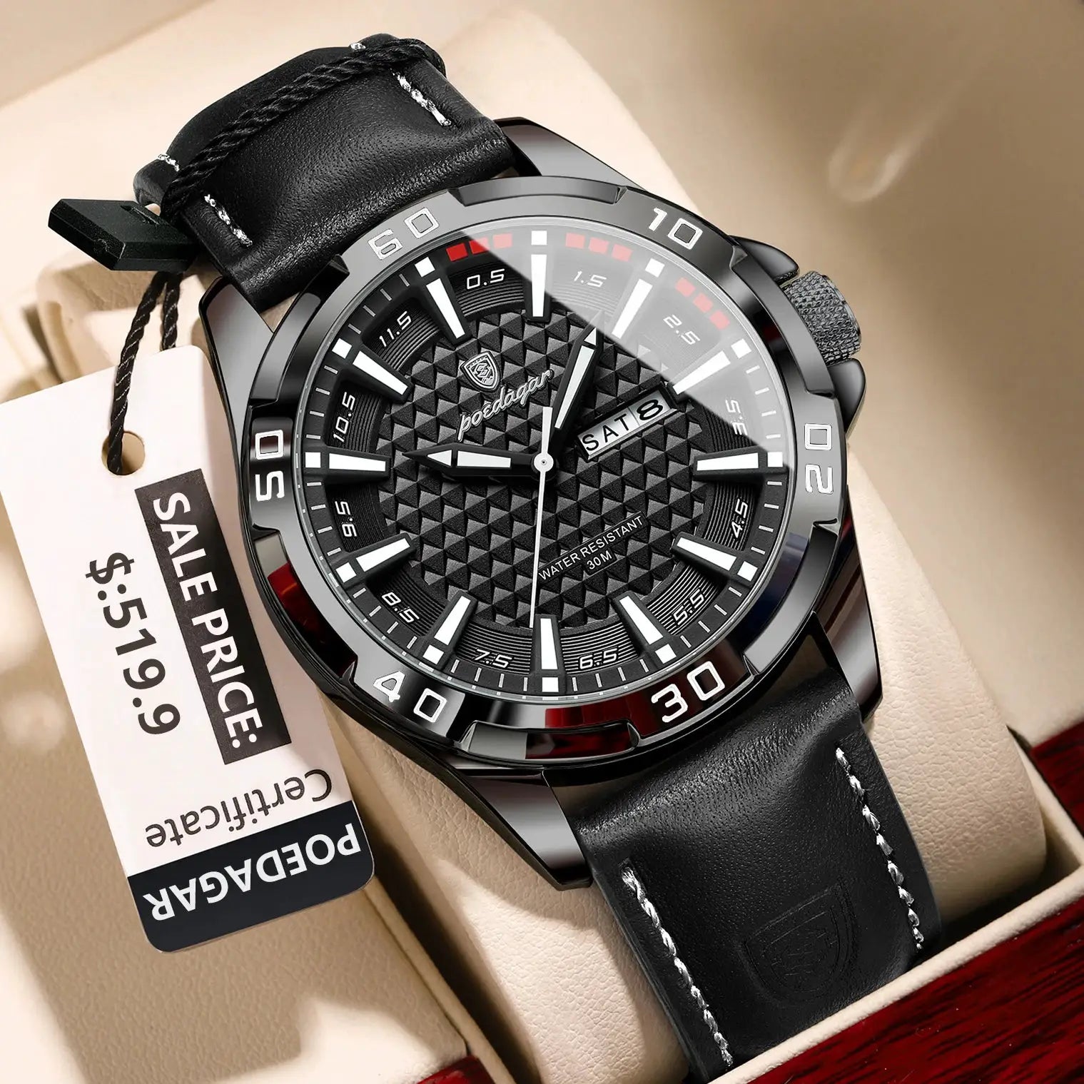 POEDAGAR men's wristwatch with black textured dial, leather strap, date window, luminous hands, 30m water resistant