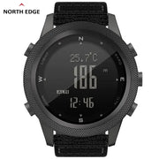 North Edge Apache-46 men's digital outdoor watch with black rugged case and fabric strap; altimeter, barometer, compass.