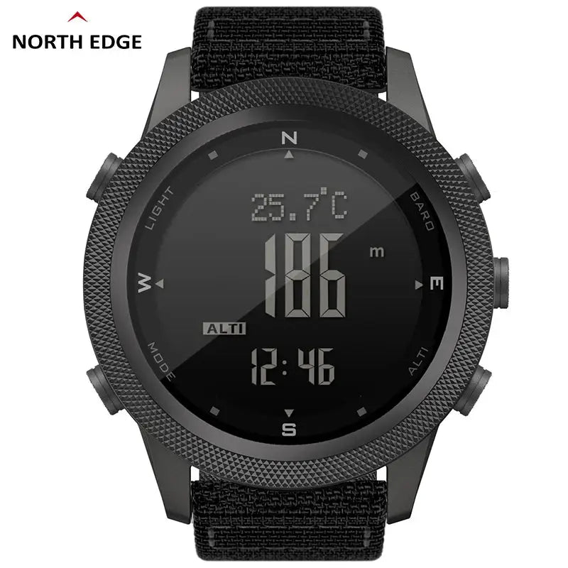 North Edge Apache-46 men's digital outdoor watch with black rugged case and fabric strap; altimeter, barometer, compass.