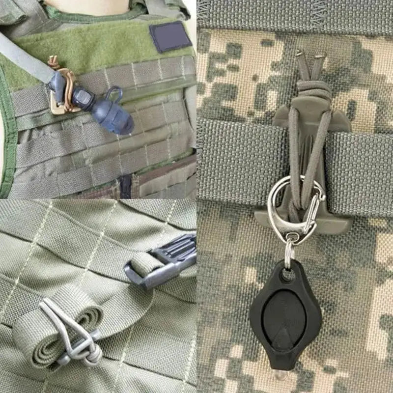 tactical backpack buckle carabiner set displayed on tactical gear and accessories for outdoor activities.