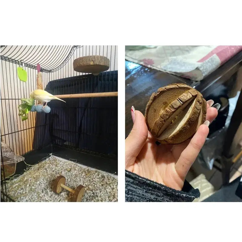 Small animal wooden play toys: natural pine chew ball and braided roller ball for guinea pig, hamster or rabbit