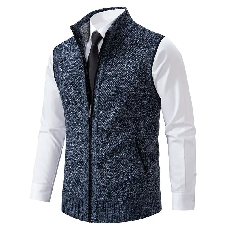 Men's navy knit sleeveless vest with stand collar and zip front by Simples Market