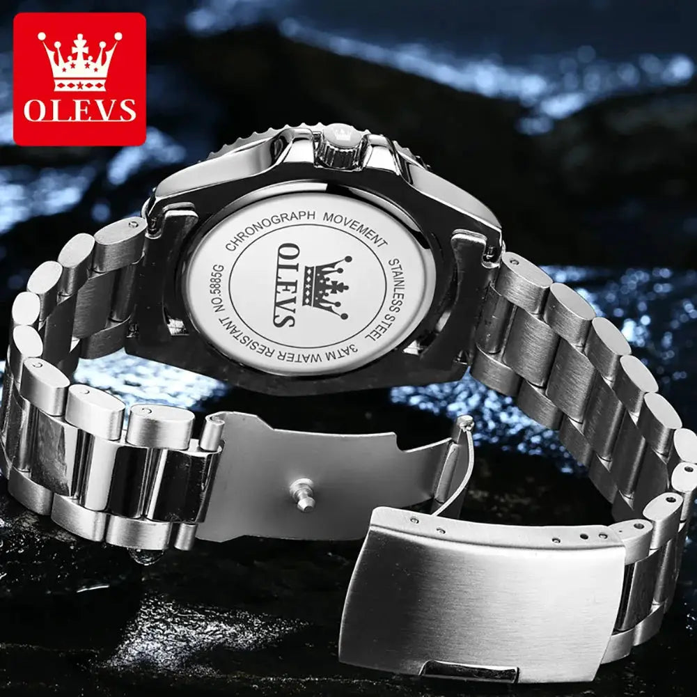OLEVS men's stainless steel quartz wristwatch with metal bracelet and deployment clasp