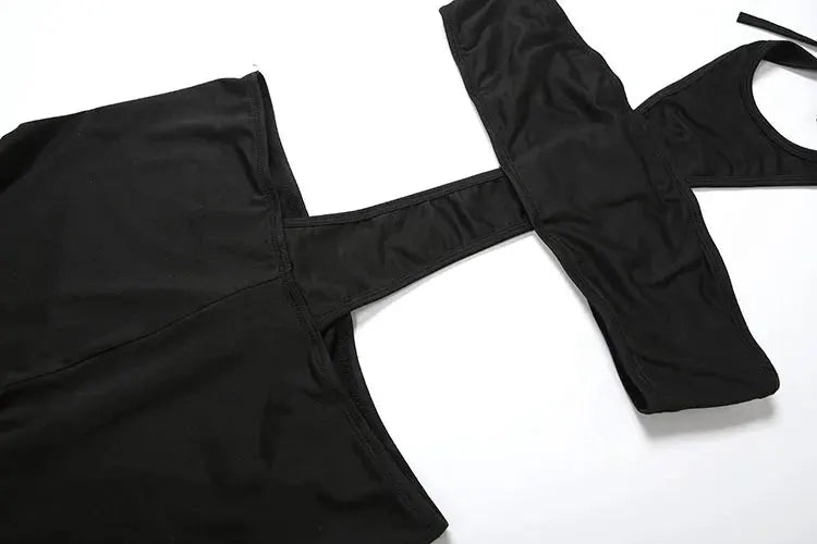 Kliou cross-cut halter backless bandage jumpsuit, black elastic straps, one-piece