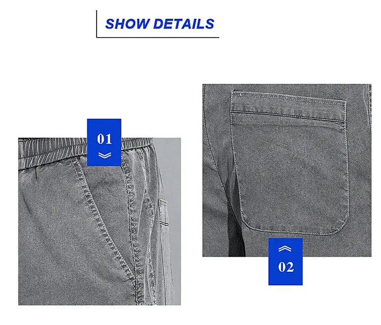 Men's gray lyocell loose-straight pants with drawstring elastic waist, showing front and back pockets