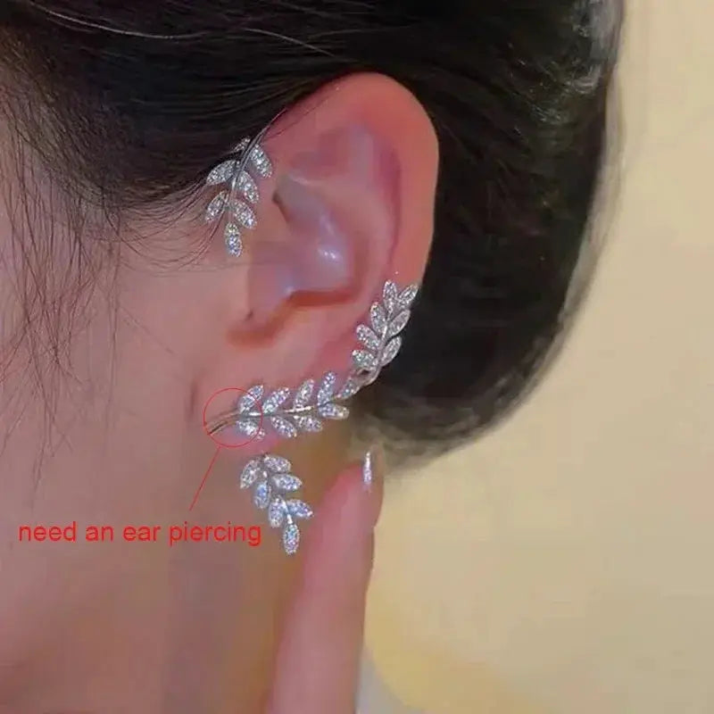 Silver-plated leaf butterfly clip earrings and ear cuffs with zircon crystals, no-piercing design