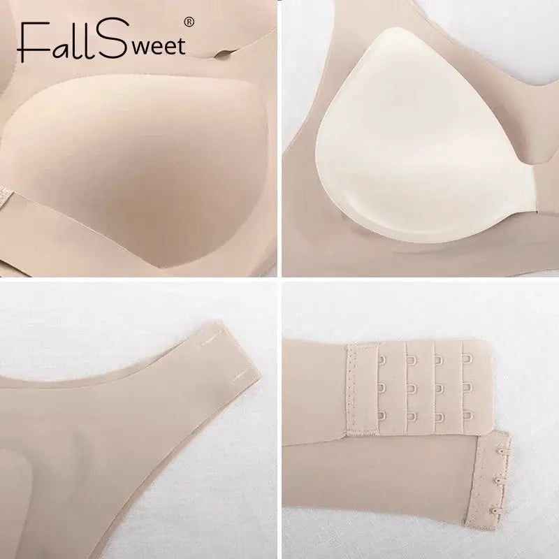 FallSweet wireless seamless push-up bra in nude beige with cross-back support and back-closure by Simples Market
