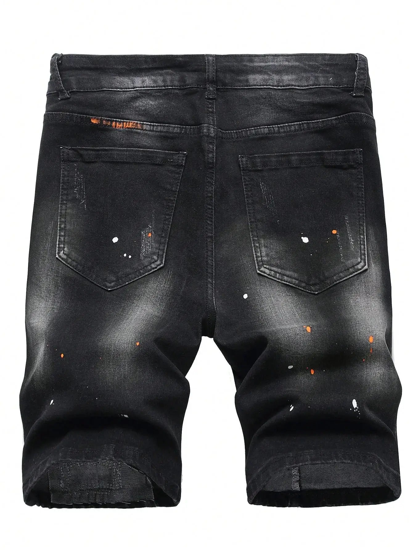 Simples Market men's black denim shorts, knee-length straight-stretch fit with paint splatters and back pockets