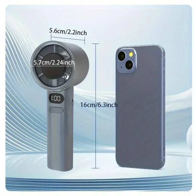 Handheld mini fan by Simples Market; grey USB-rechargeable with digital display, compact travel cooling